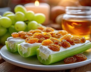 Healthy Snack for Children Fresh Celery Sticks with Cream Cheese, Raisins, Grapes, and Honey on Wooden Table Colorful Children Food Ideas