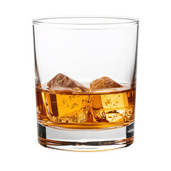 Glass of Golden Whiskey or Bourbon with Ice Cubes PNG Isolated on Transparent Background

