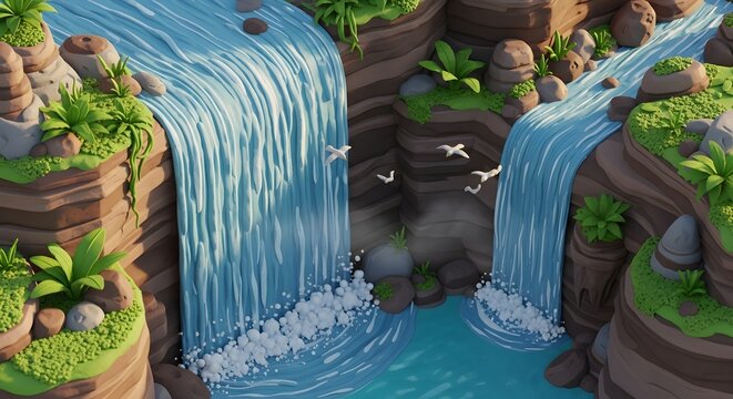 Stylized 3D Waterfall in a Lush Green Canyon.