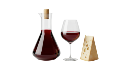Isolated wine decanter with red wine, glass of wine, cheese wedge, food photography, still life