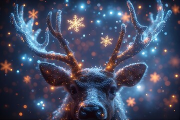 Christmas background with deer and reindeer in winter scenery