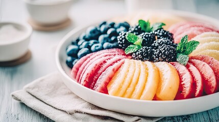 Healthy Snack for Children Colorful Fresh Fruit Plate with Blackberries and Blueberries on a Rustic Table Colorful Children Food Ideas