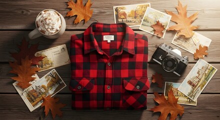 Cozy Autumn Flat Lay with Flannel Shirt and Photos.