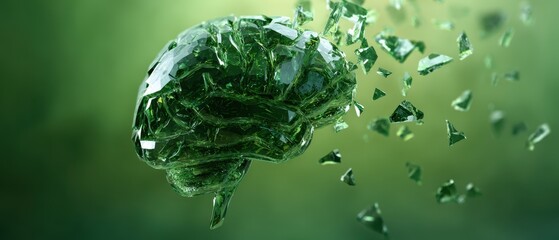 Obraz premium Emerald Mind in Flux - A Crystalline Brain Shattering Against a Verdant Backdrop.