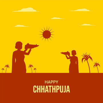 Happy Chhath Puja with Indian women standing in river holding full worship soop, Flat Silhouette Vector Illustration.