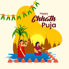 Happy Chhath Puja with Indian women standing in river holding full worship soop, Abstract beautiful sunrise early morning background design, Vector Illustration.