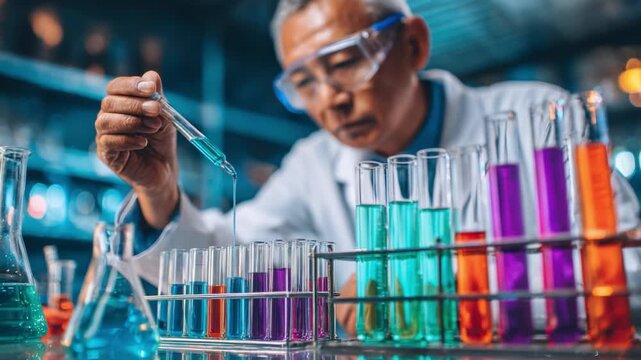 A dedicated scientist meticulously conducts experiments using colorful liquids in test tubes, showcasing the art and science of chemistry in a well-equipped laboratory. - Powered by Adobe