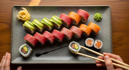 Fresh Rainbow Sushi Rolls Served on a Gray Plate.