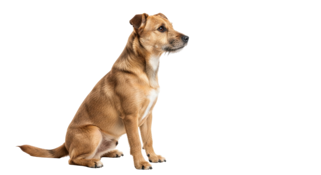 Isolated light brown dog looking to the right side in studio setting with neutral backdrop