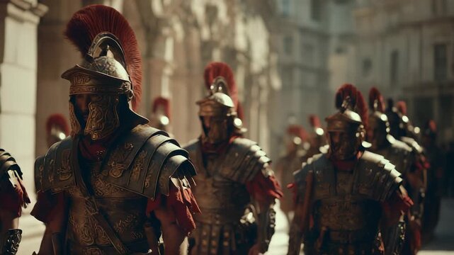 Roman soldiers and legionaries march through the ancient empire streets in detailed armor and helmets. These disciplined warriors reflect the strength and unity of the Roman military tradition.