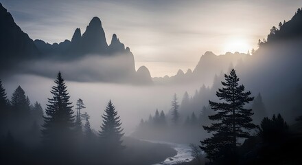 Misty Mountain Sunrise Over a Pine Forest Valley.