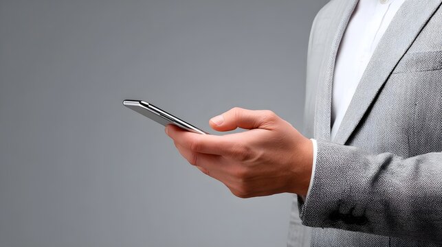 A well-dressed business person holding a smartphone and navigating through various digital applications and services in a professional office environment.