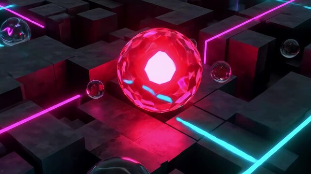 A futuristic digital landscape with glowing neon grids, geometric shapes, and floating spheres - Powered by Adobe