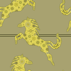 Monochromatic Floral Horse Silhouette Seamless Pattern