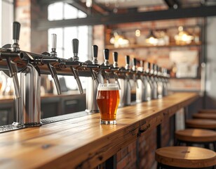 Glass Of Amber Beer On Wooden Bar With Metal Taps And Blurred Background In Cozy Restaurant