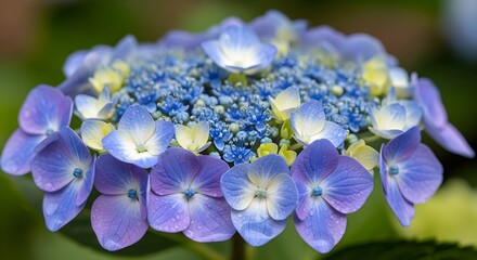 Vibrant Blue and Purple Lacecap Hydrangea Flower.