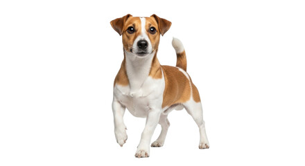 Isolated Jack Russell terrier dog stands attentively, awaiting a command with curious look