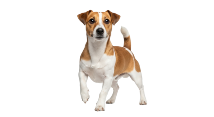 Isolated Jack Russell terrier dog stands attentively, awaiting a command with curious look