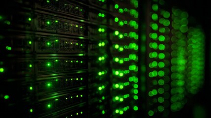 Server racks with blinking green lights creating a bokeh effect represent data processing and network infrastructure; the image showcases modern technology and digital data storage with a focus on...