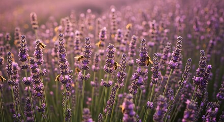Bees buzzing in a purple lavender field at sunset.