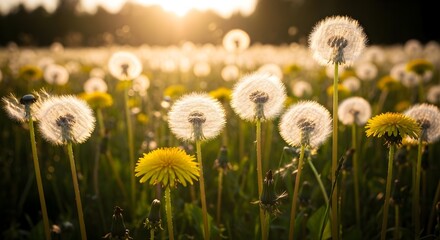 Dandelion Field Bathed in Golden Sunset Light.