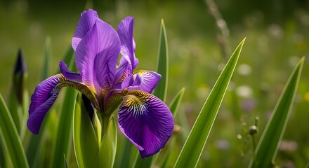 Vibrant Purple Iris Flower in a Green Meadow.