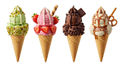 Ice cream cones on isolated background. Generative AI, collection of delicious ice cream in waffle cone, isolated on transparent background cutout, png different flavors mockup for design