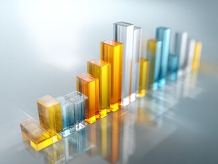Clear, colored, and translucent bar graphs display financial trends, representing growth and progress against a gradient backdrop, featuring multiple bars in shades of yellow, orange, blue, and...