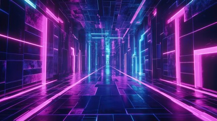 Futuristic neon lit cyberpunk tunnel abstract glowing passage