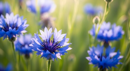 Field of Blue Cornflowers Bathed in Sunlight.