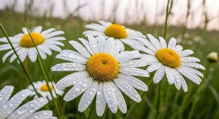 White Daisy Flowers with Morning Dew Drops.