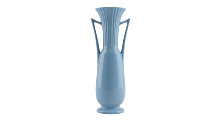 Isolated light-blue ceramic vase with two handles, tall ribbed shape, ornamental home decor