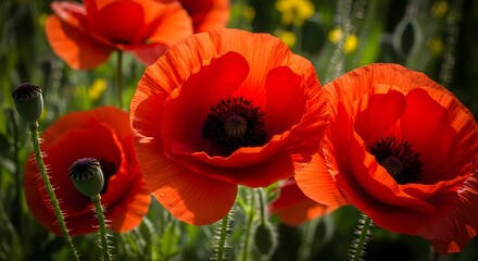 Vibrant Red Poppy Flowers in a Sunny Field.