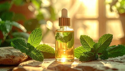 Amber bottle w/ dropper, mint sprigs & oil, bathed in sunlight