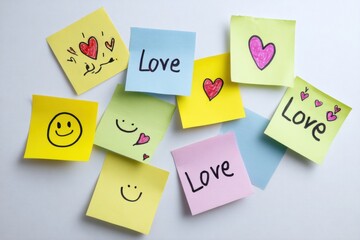 Colorful sticky notes decorated with hearts, smiley faces, and the word LOVE, arranged playfully to symbolize romance and joy.