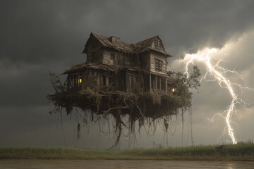 A lonely house on a mountain landscape beneath a dark storm sky with lightning