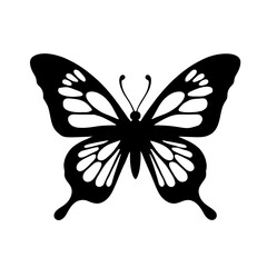 Minimalist black silhouette of a butterfly with symmetrical wings on a white background