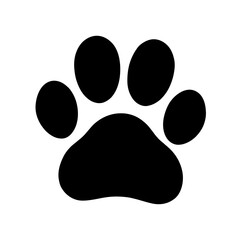 Minimalist black silhouette of a paw print on white background
