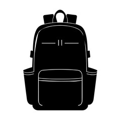 Minimalist black silhouette of a travel backpack with functional design elements