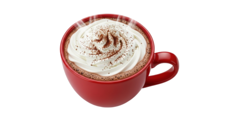 Isolated red mug of hot cocoa with whipped cream and cocoa powder for a winter treat