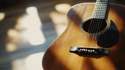 Fototapeta premium Acoustic guitar resting, catching sunlight and shadow patterns
