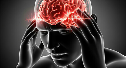 Medical 3D illustration of a man suffering from a severe headache or migraine, with a glowing red brain indicating intense pain and neurological stress on a dark background.
