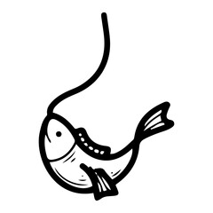 Fish on a fishing hook. Hand drawn doodle vector. Fishery. Spinning. Marine nature. Rest on a lake, river. Salmon, trout, carp, perch, tuna. Fins, scales. Illustration line art.