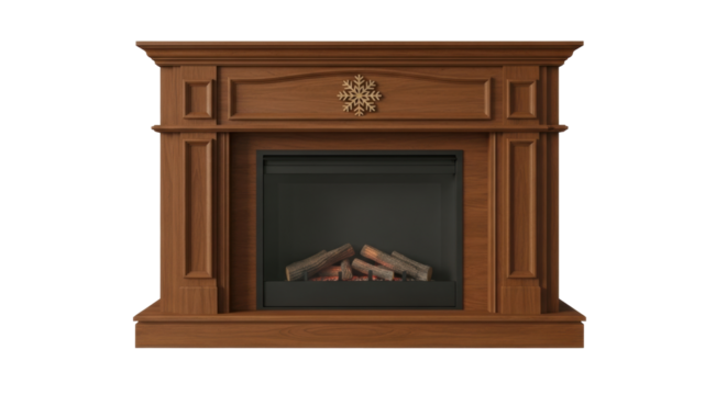 Isolated wooden fireplace mantel, insert with glowing artificial log fire, home furnishing