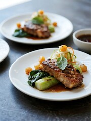 Miso powder and pepper crusted pork over charred bok choy with pickled bamboo slaw, yuzu marinated pearl onions, thai basil and plum sauce