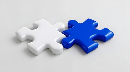 Fototapeta premium Two interlocking puzzle pieces, one white and one blue, symbolizing the concept of coope n, teamwork, and the synergy created by combining complementary elements to achieve a successful solution.