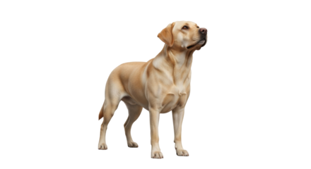 Isolated tan Labrador Retriever dog standing up, looking toward the distance, head lifted up