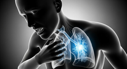 3D medical illustration of a man clutching his chest in pain, with a transparent view of the lungs showing a glowing blue hotspot indicating a respiratory disease, infection, or asthma.