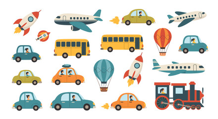 A collection of diverse vehicles and modes of transportation for children.