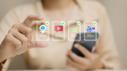 AI Content Workflow Cards with Quality Checkmarks over Smartphone